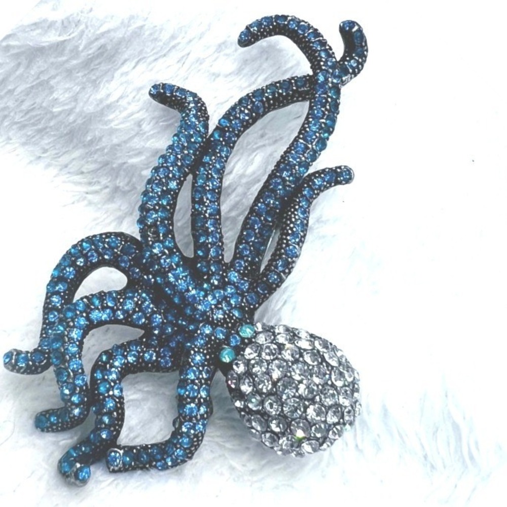 Blue Clear Rhinestone Octopus Brooch Japanned Nautical‎ Sea Life Whimsical 3X2" - Picture 3 of 6